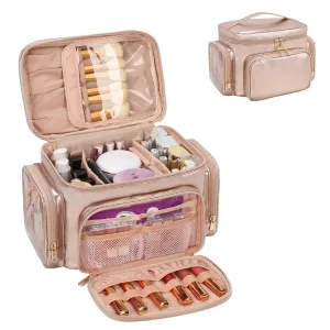 Bagmoly Large Makeup Bag, Portable Travel Makeup Bag Organizer for Women Girls with Makeup Brush Compartment & Two Side Pockets, Cosmetic Travel Bag Vertical Storage Toiletry Bag - Rose Gold