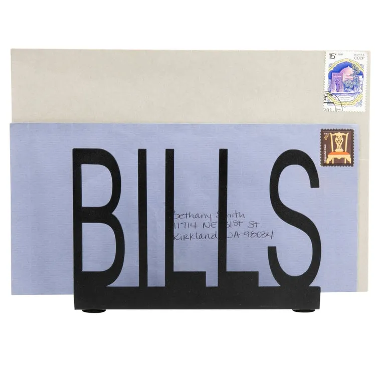 Black Metal Mail Holder w/ Cutout Design BILLS