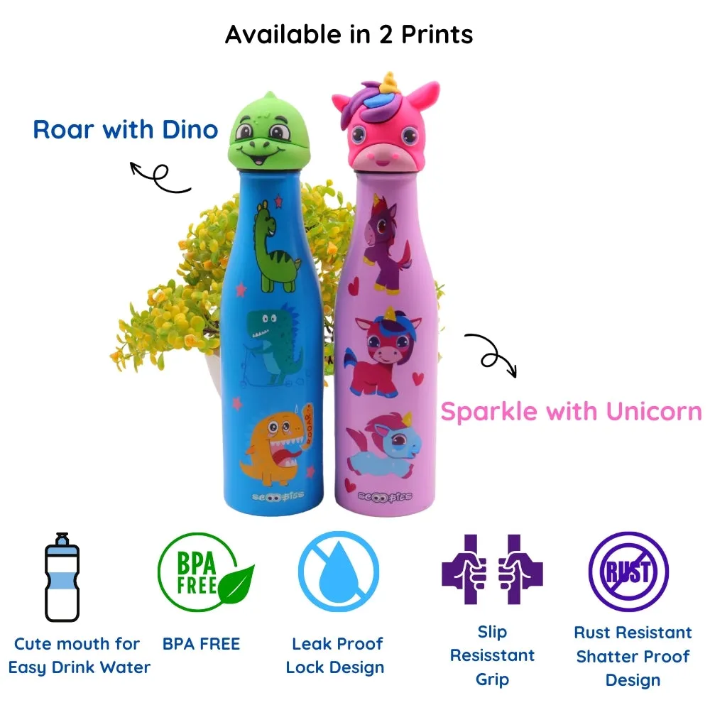 Scoobies Dino Head Stainless Steel Bottle | With Cute Dinosaur Cap | Wild Dino Print