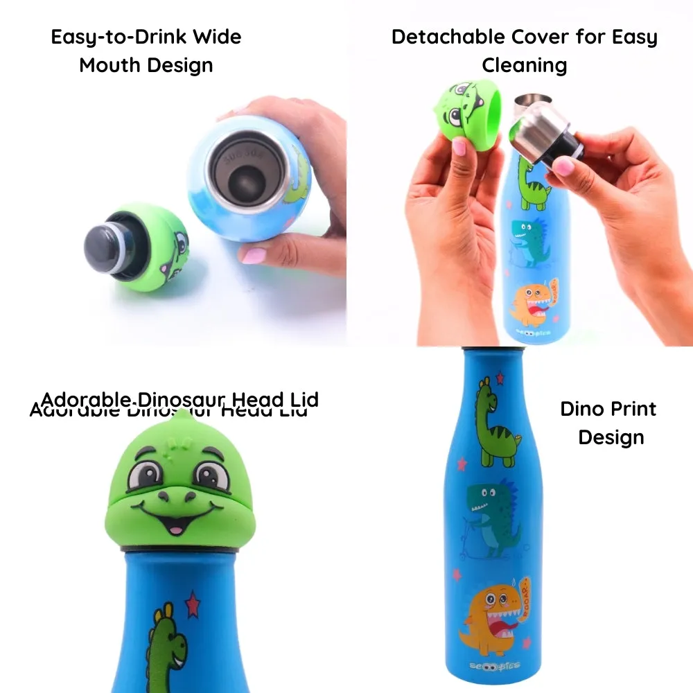 Scoobies Dino Head Stainless Steel Bottle | With Cute Dinosaur Cap | Wild Dino Print
