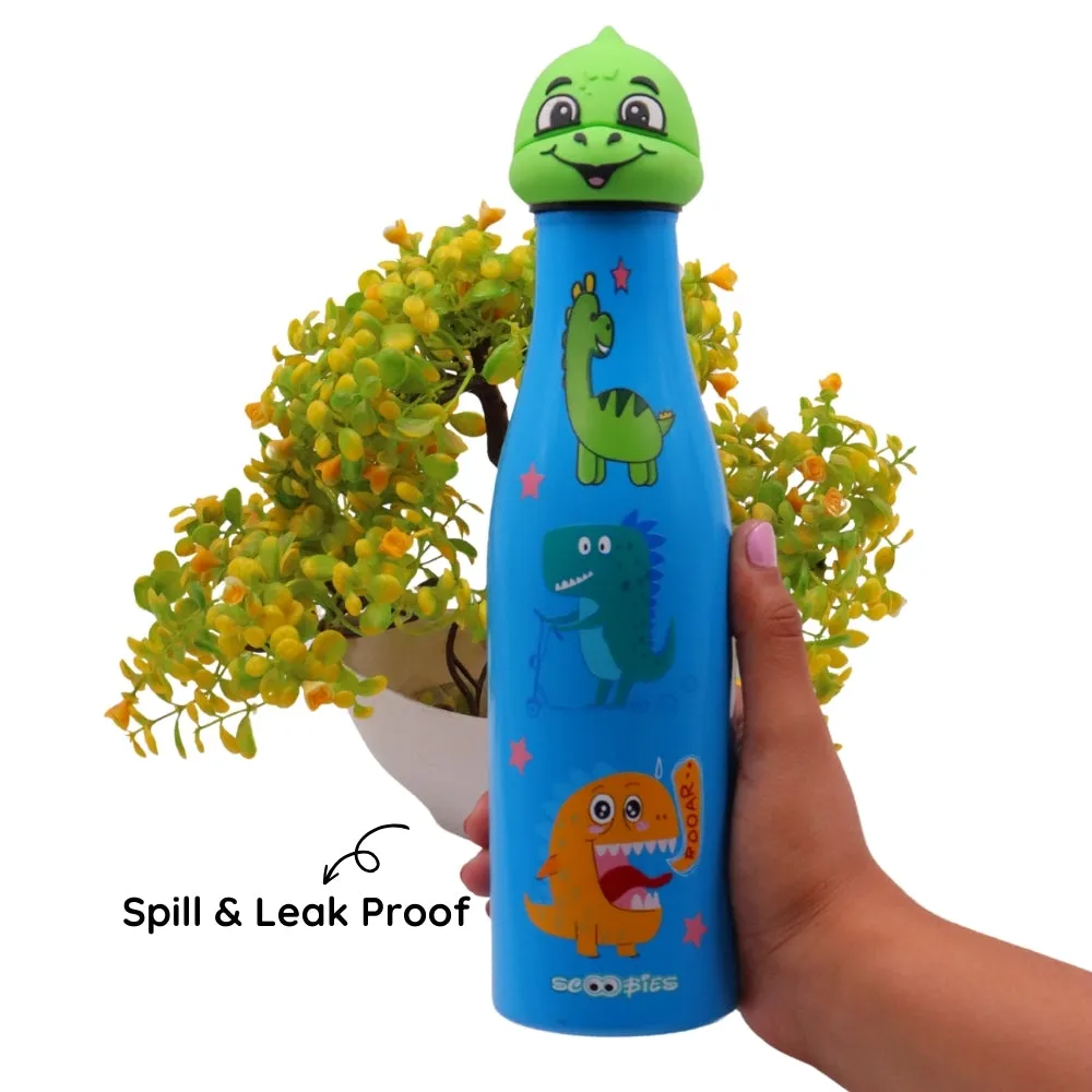 Scoobies Dino Head Stainless Steel Bottle | With Cute Dinosaur Cap | Wild Dino Print